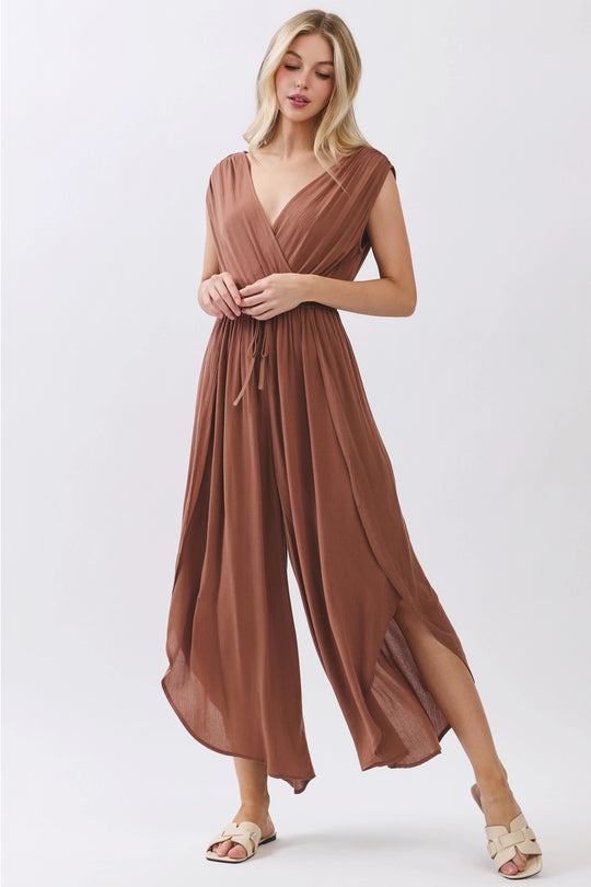 Surplice Drop Shoulder Wide Leg Jumpsuit