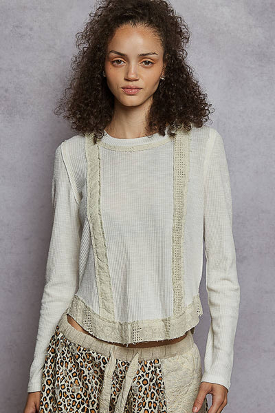 Long Sleeve Raw Edge Patch Rib Knit Top