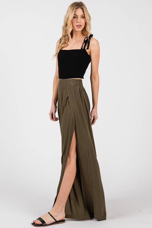 Solid Front Slit Wide Leg Pants