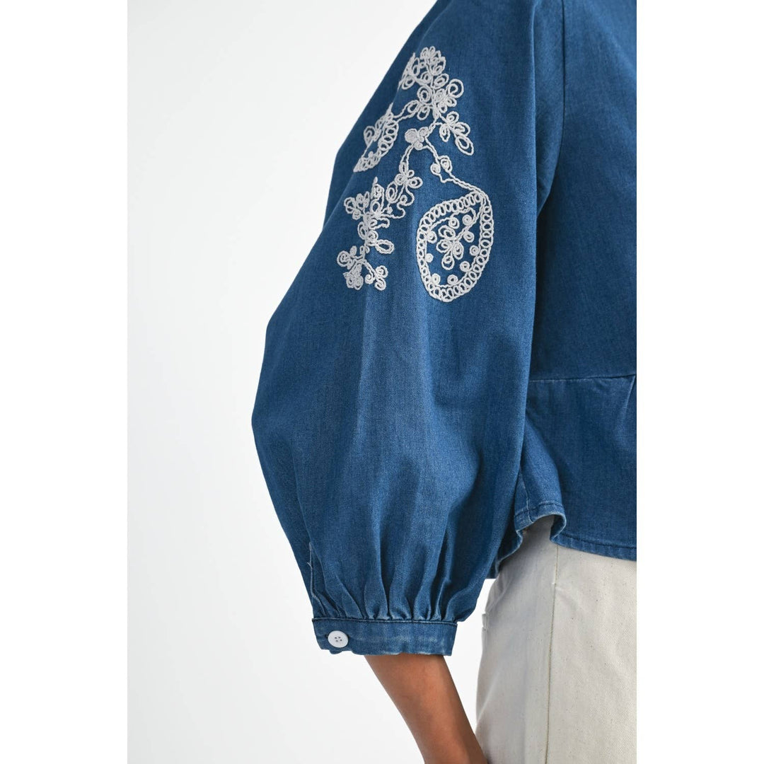 Denim Embroidered Cropped Peasant Blouse