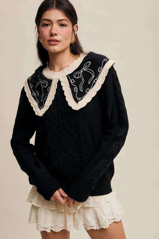 Bow Embroidered Cable Knit Sweater