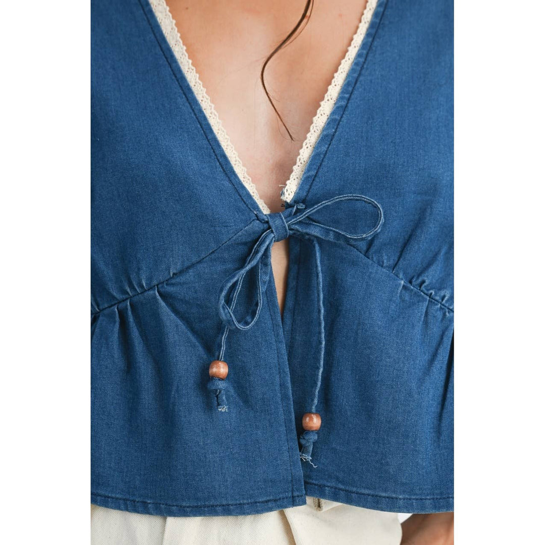 Denim Embroidered Cropped Peasant Blouse