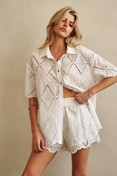 Short Sleeve Collared Button Down Lace Shirt