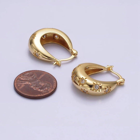 16K Gold Filled Oblong Dome Latch Hoop Earrings With Celestial Cubic Zirconia