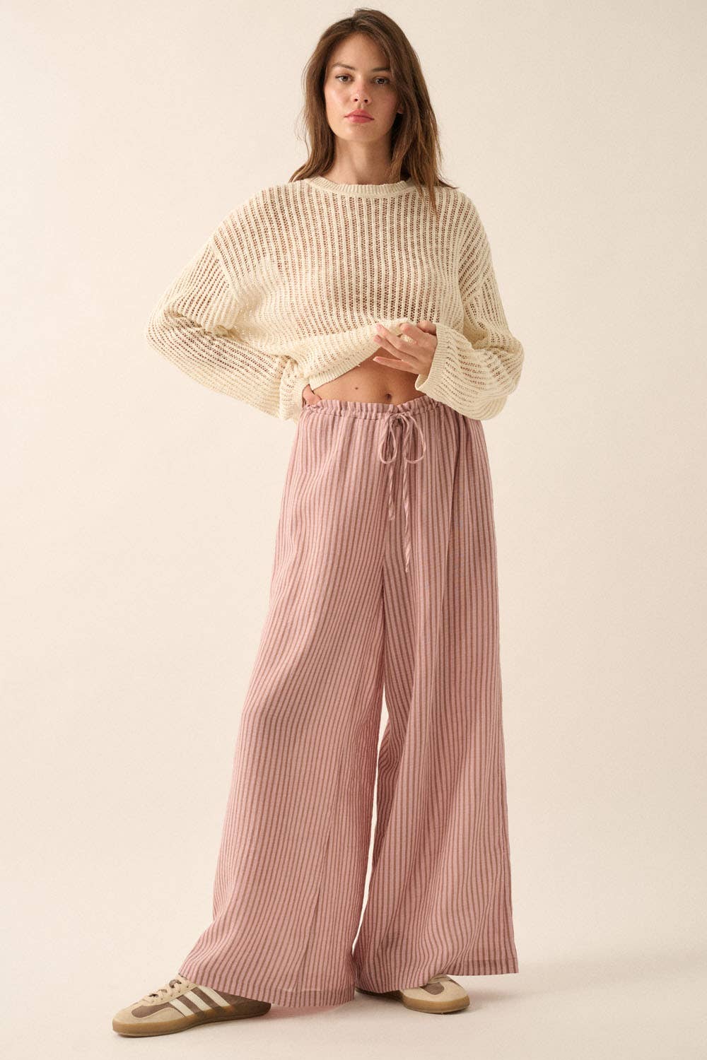 Stripe-Print Woven Wide-Leg Drawstring Pants