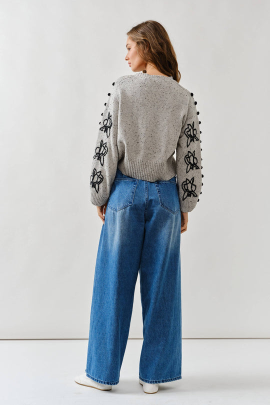 Floral Embroidered Sleeve Sweater with Pom Pom Detail