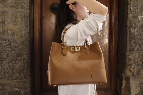 Genuine Burgundy Leather Bag with Natural Bamboo Handles