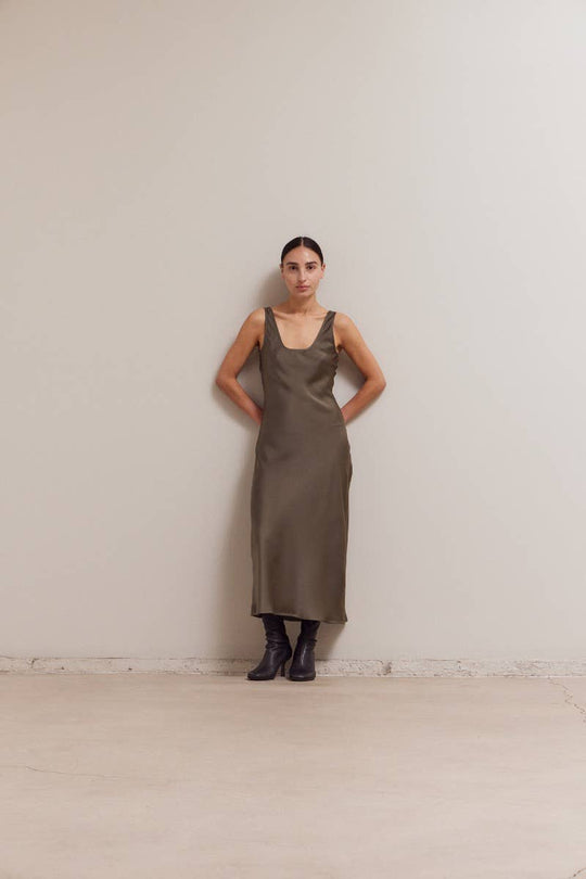 Satin Round Neck Midi Dress