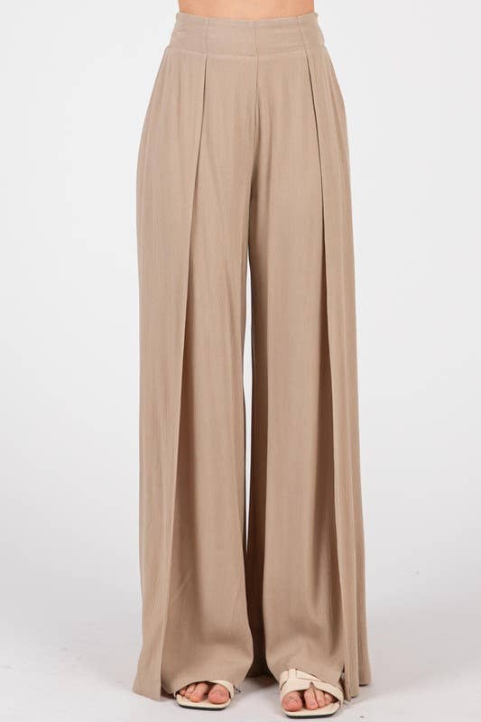 Solid Front Slit Wide Leg Pants