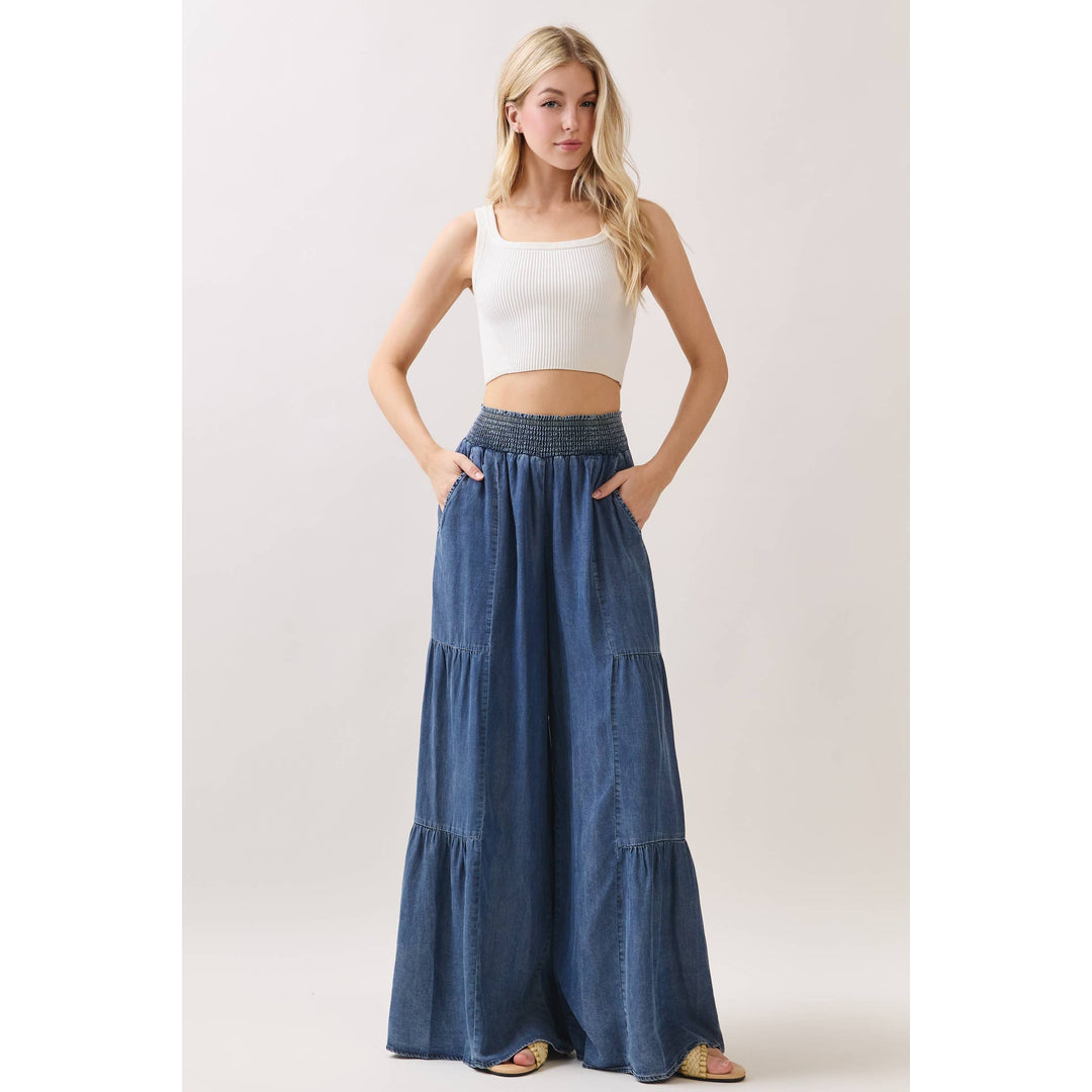 Denim Tencel Tiered Wide Leg Pants