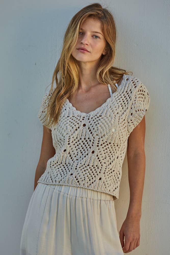 Crochet Knit Cotton V Neck Sweater