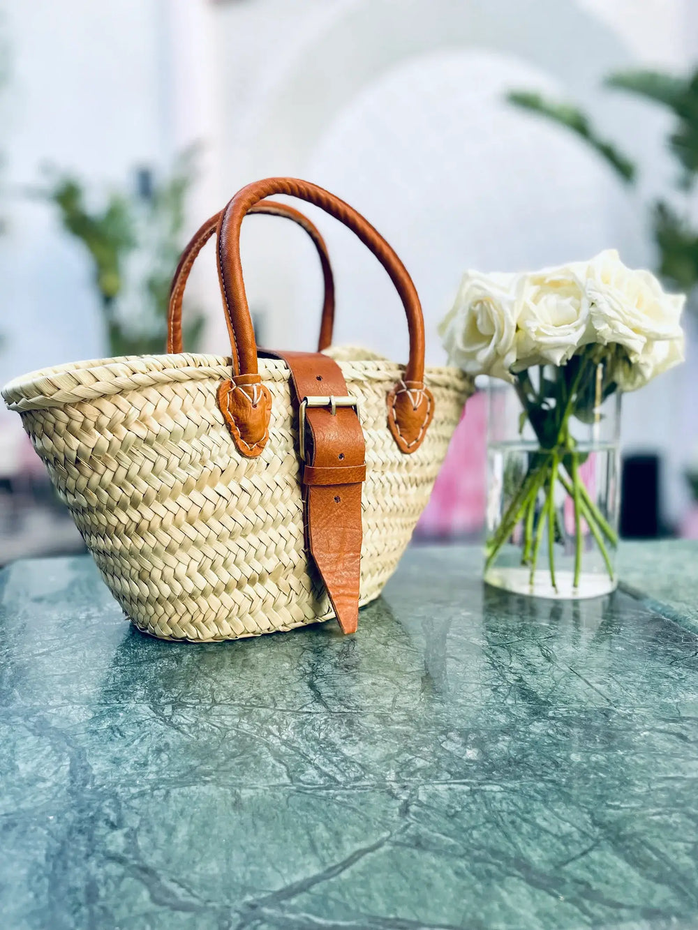 Handwoven Straw Basket Bag with Leather Handles