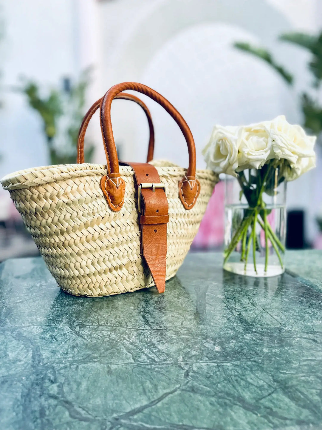 Handwoven Straw Basket Bag with Leather Handles