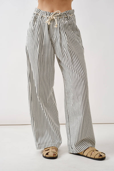 Off White & Black Striped Wide Leg Denim with Rope Belt