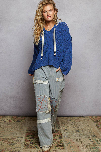 Oversize V-Neck Hooded Cable Knit Sweater