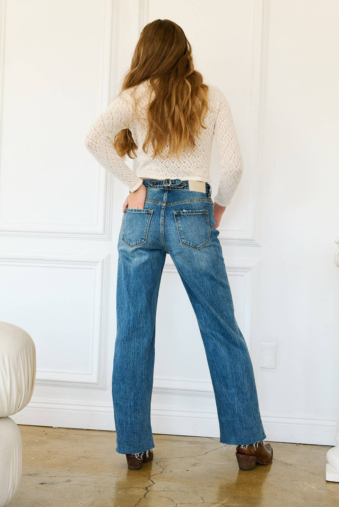 Mid-Rise Crossover Straight Leg Jeans with Chunky Cuff