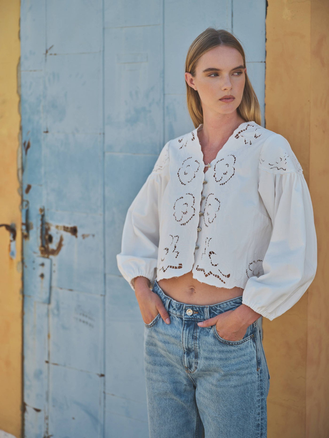 Denim Embroidered Puff Sleeve Blouse
