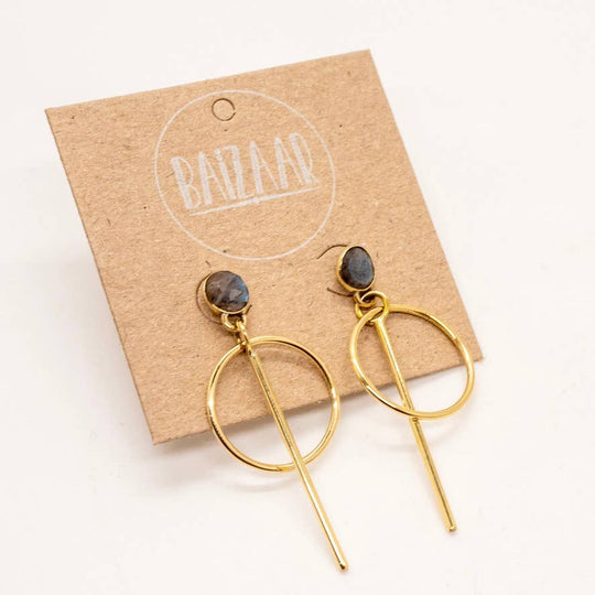 Brass Stone Hoop with Bar Earring