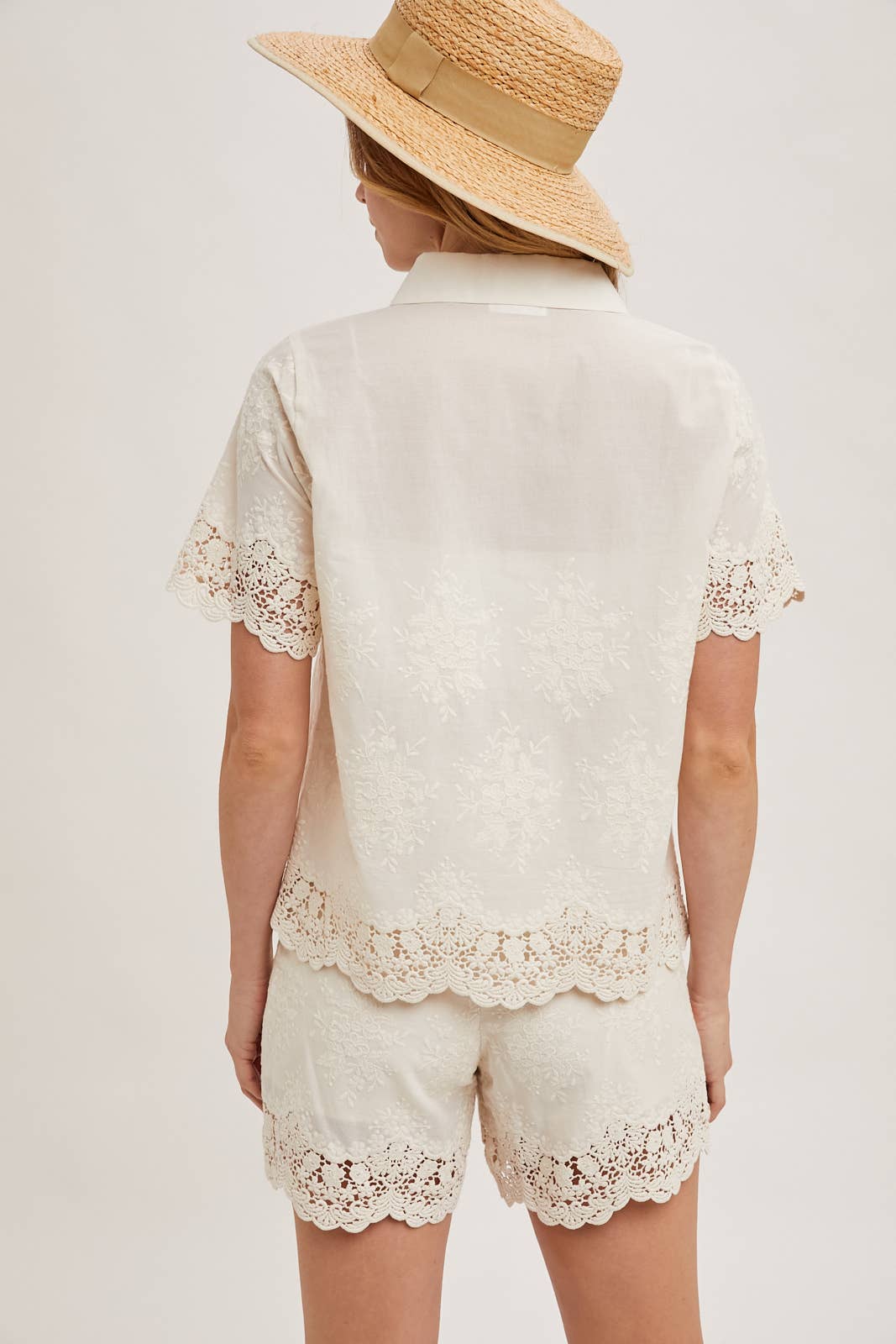 Embroidered Lace Trim Short Sleeve Button Down