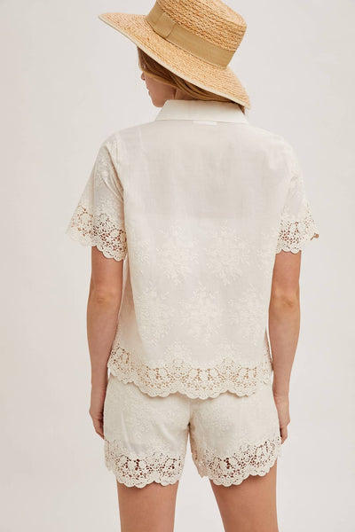 Embroidered Lace Trim Short Sleeve Button Down
