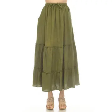 White Homespun Tiered Maxi Skirt with Pockets