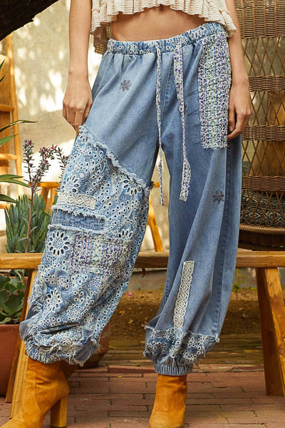 Floral Print Patchwork Twill Joggers