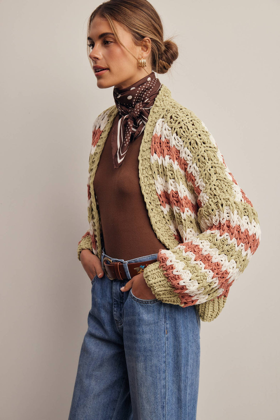 Hand Crochet Stripe Open Cardigan
