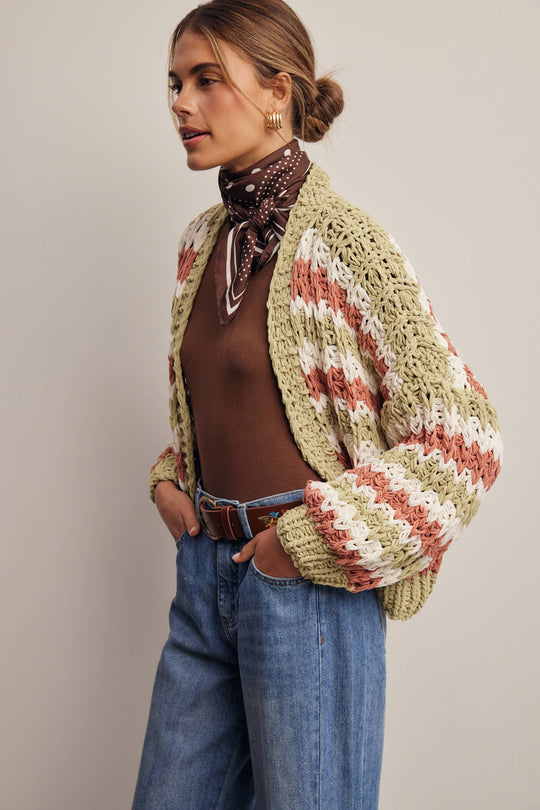Hand Crochet Stripe Open Cardigan