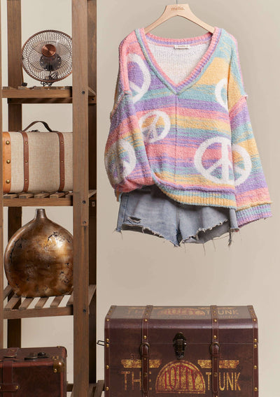 Pastel Rainbow Striped Peace Sign Sweater