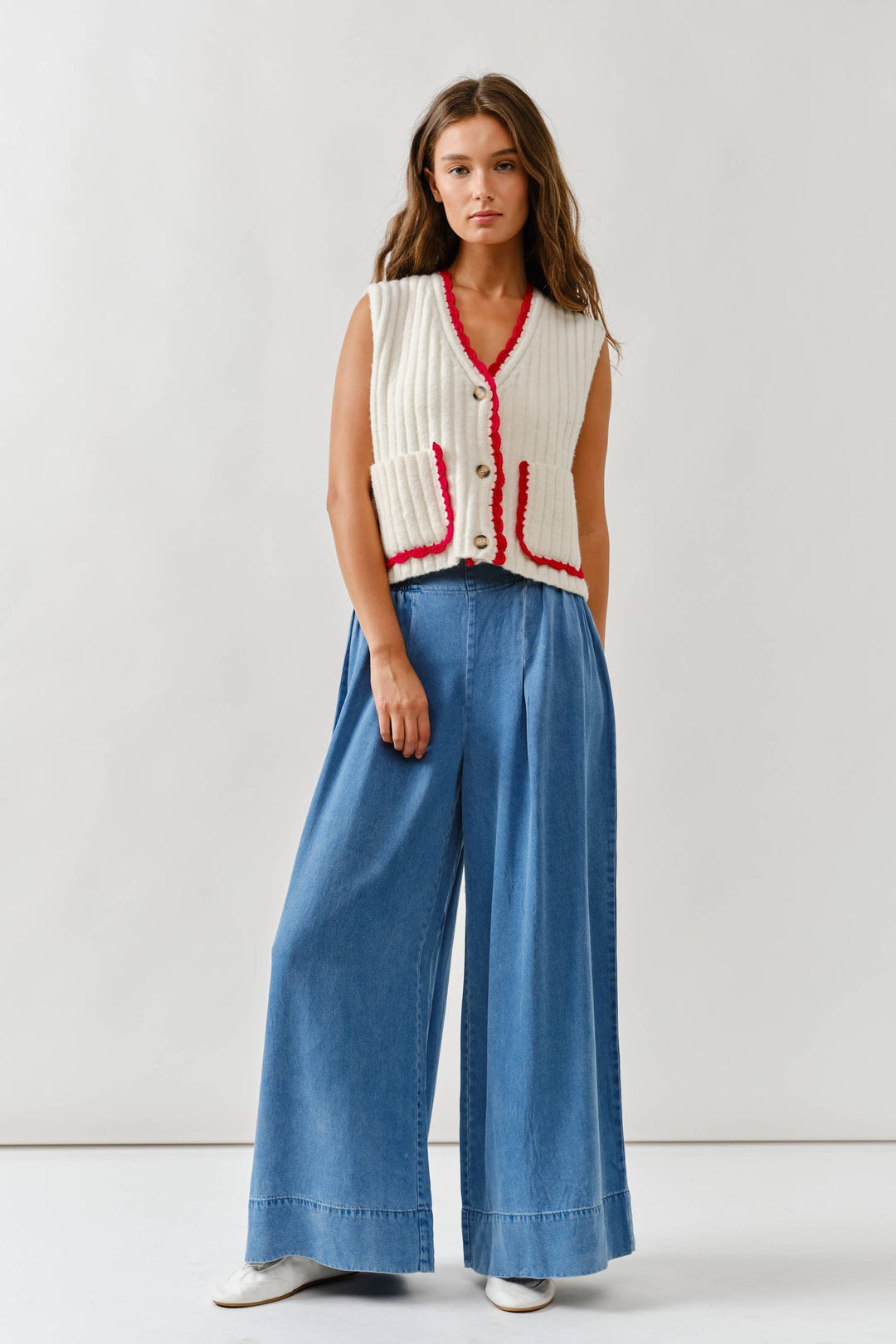 Smock Waist Soft Denim Wide Trousers