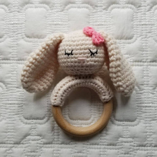 Bunny Hand Crocheted Cotton and Wood Rattle