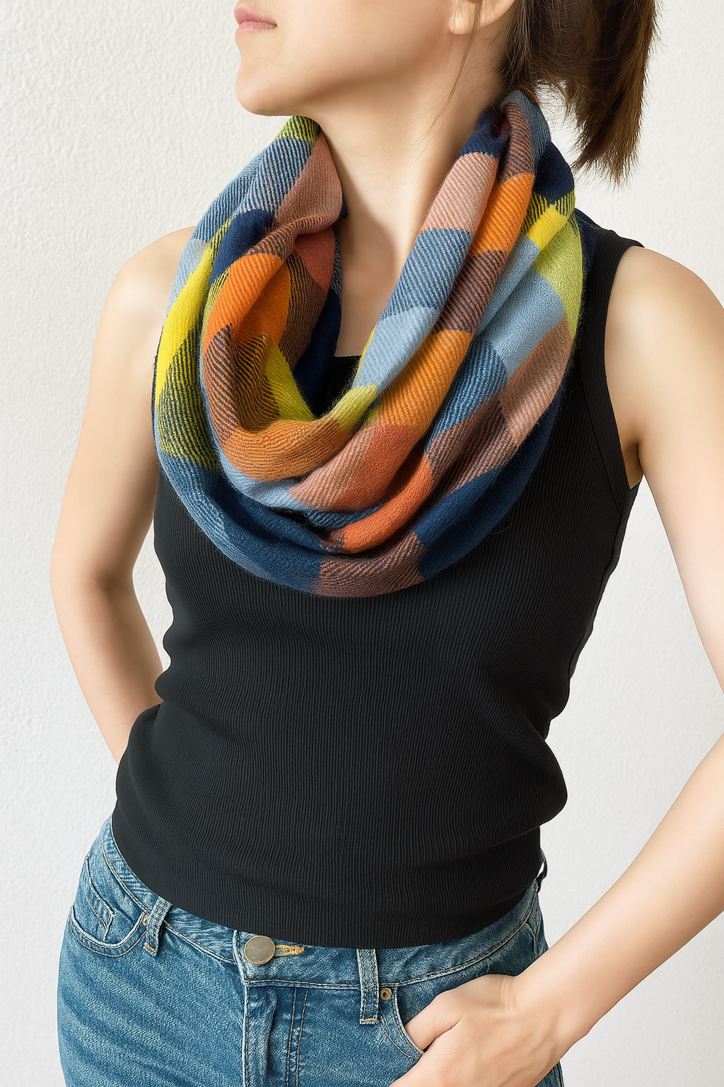 Multicolor Plaid Infinity Scarf with Zipper Pocket