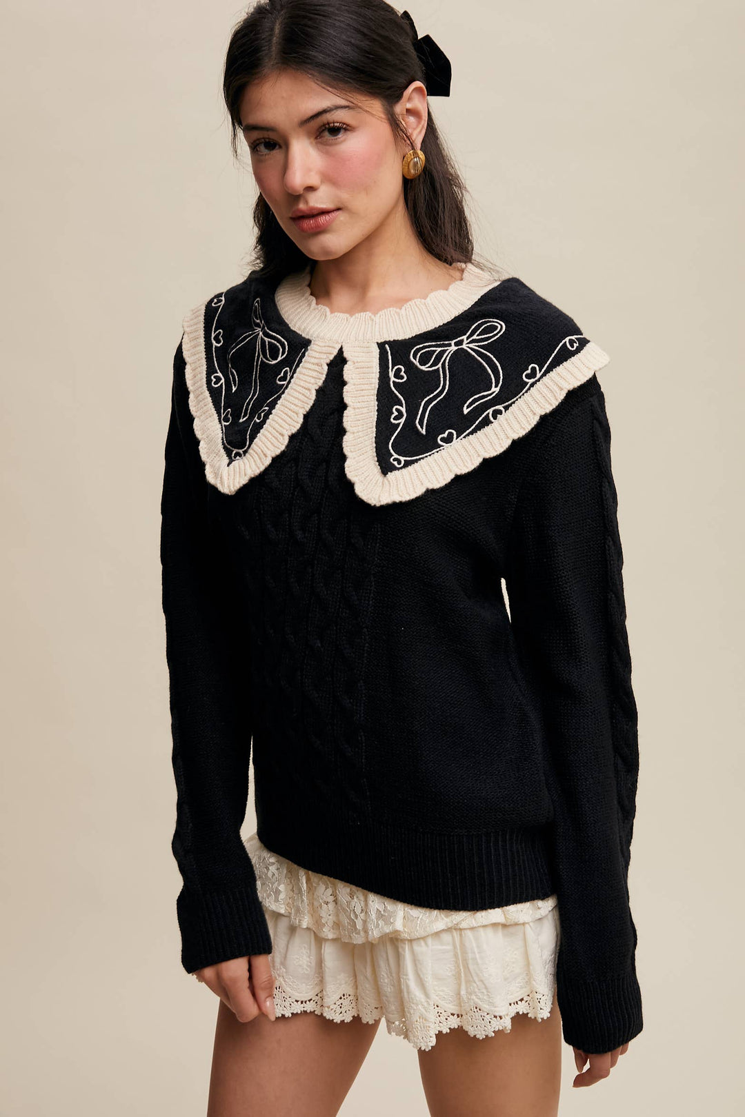 Bow Embroidered Cable Knit Sweater