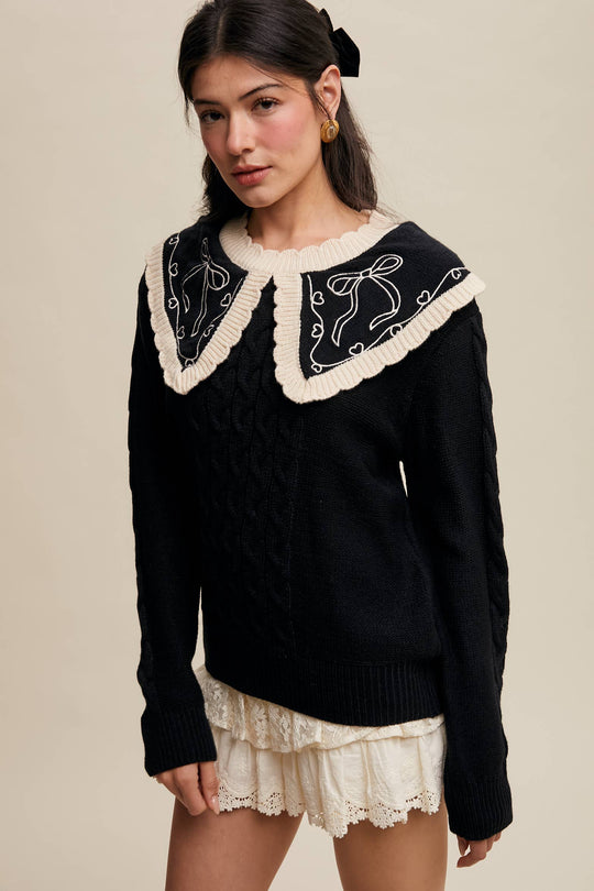 Bow Embroidered Cable Knit Sweater