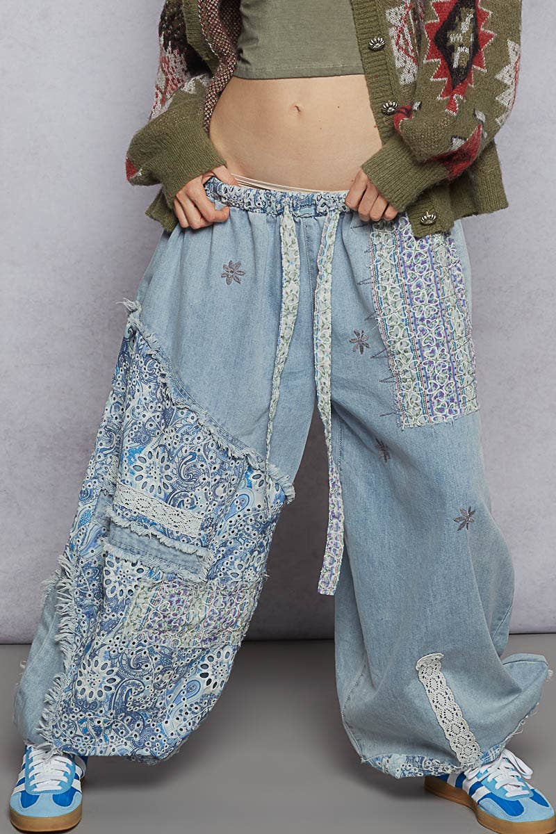 Floral Print Patchwork Twill Joggers