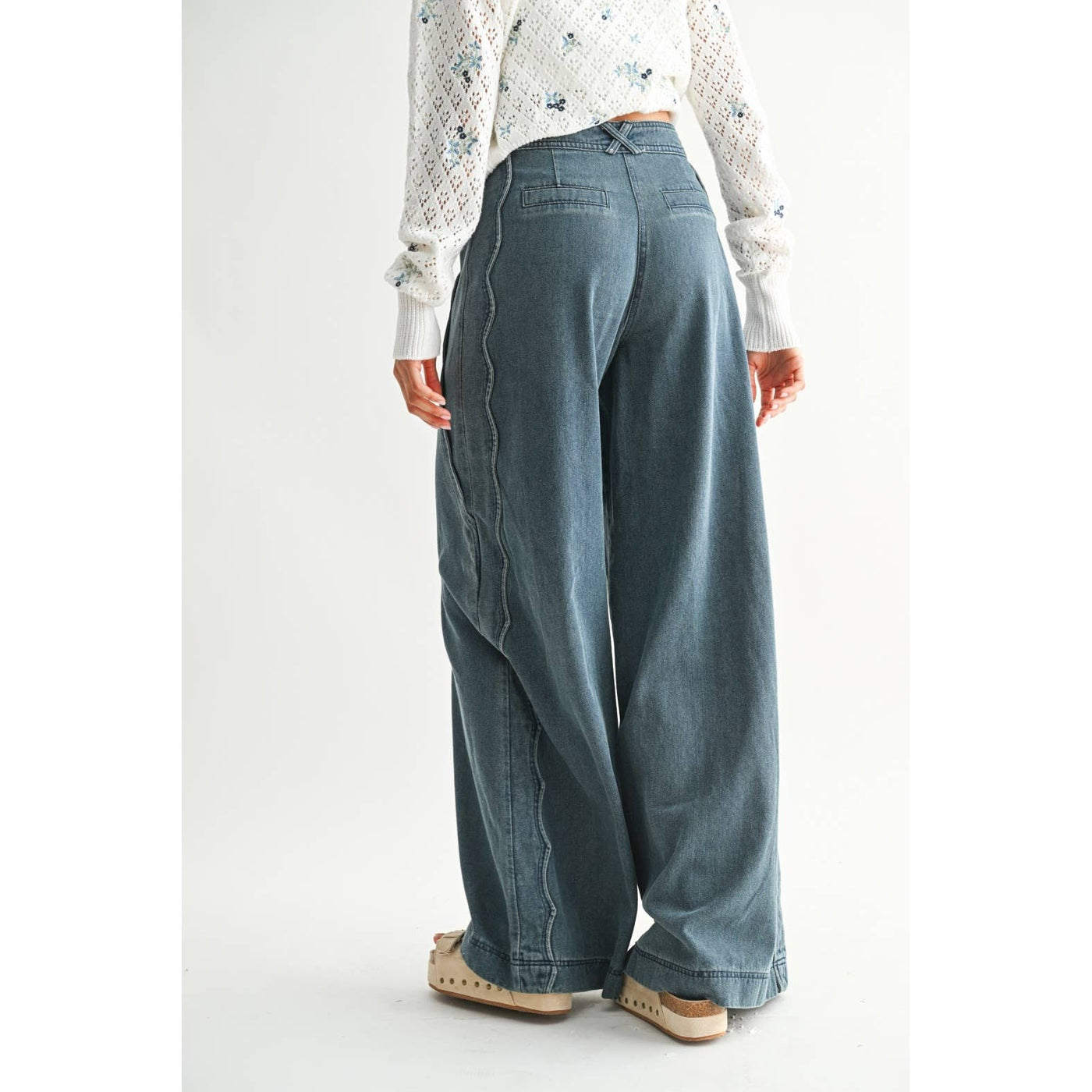 Wide Leg Stretch Denim With Scallop Trim