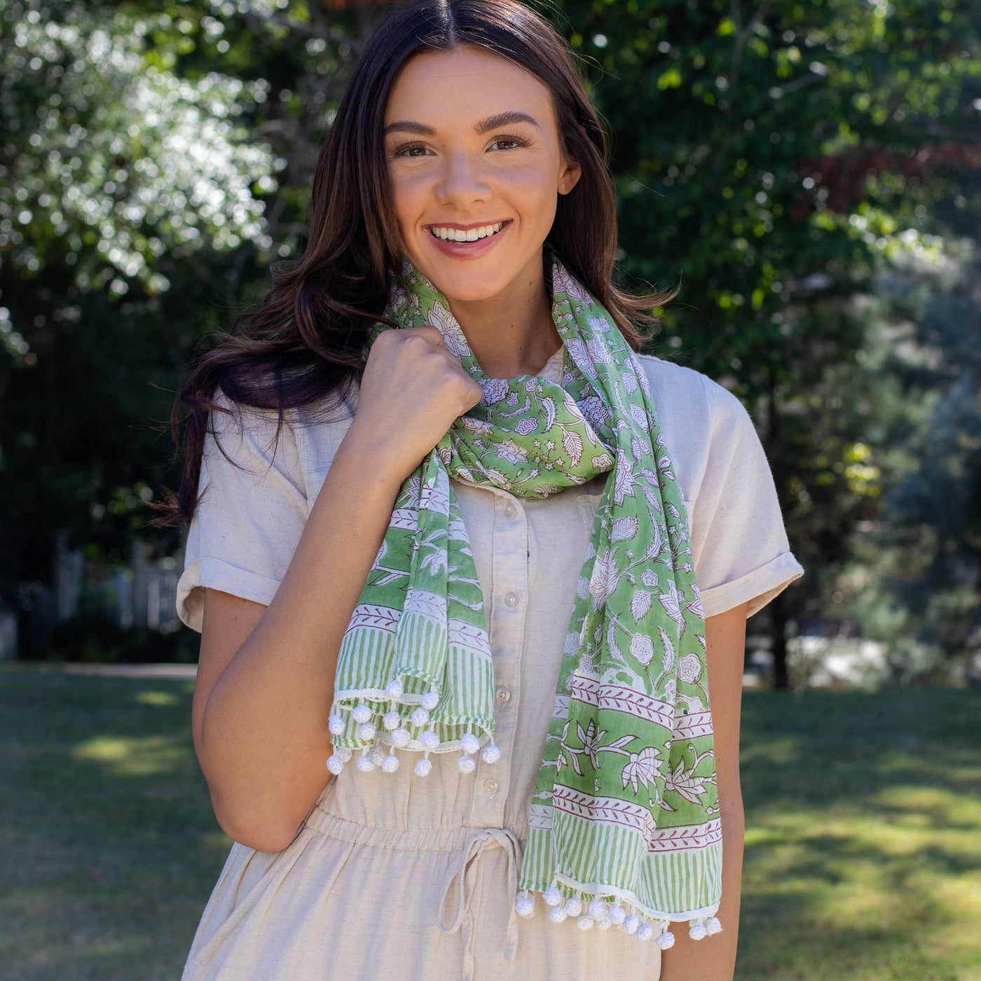 Block Printed Cotton Scarf - Spring Green with Lotus Flowers