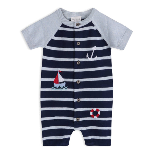 Nautical Stripe Embroidered Baby Knit Romper (Organic)