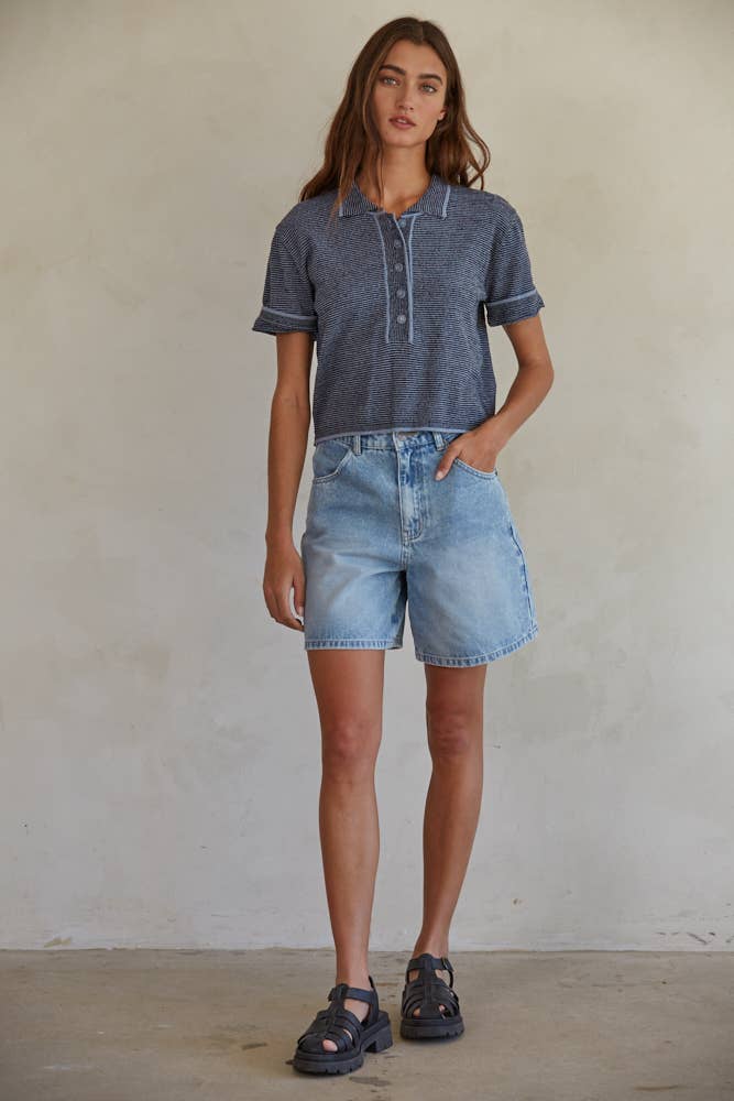 Knit Striped Half Button Collared Top