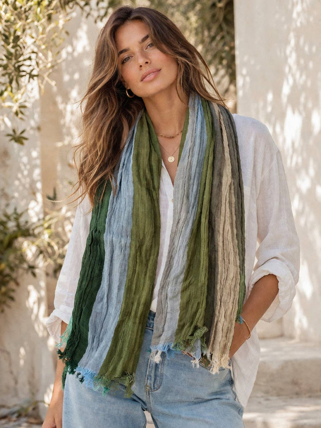 Soft Crinkle Textured Multi-Tone Stripe Scarf with Raw Edge Fringe