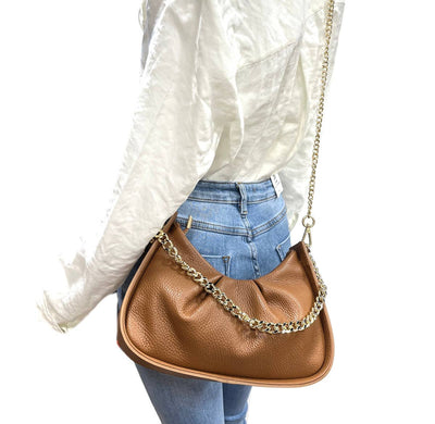 Suie Valentini Brown Leather Bag with Gold Chain Accent - Simple Good