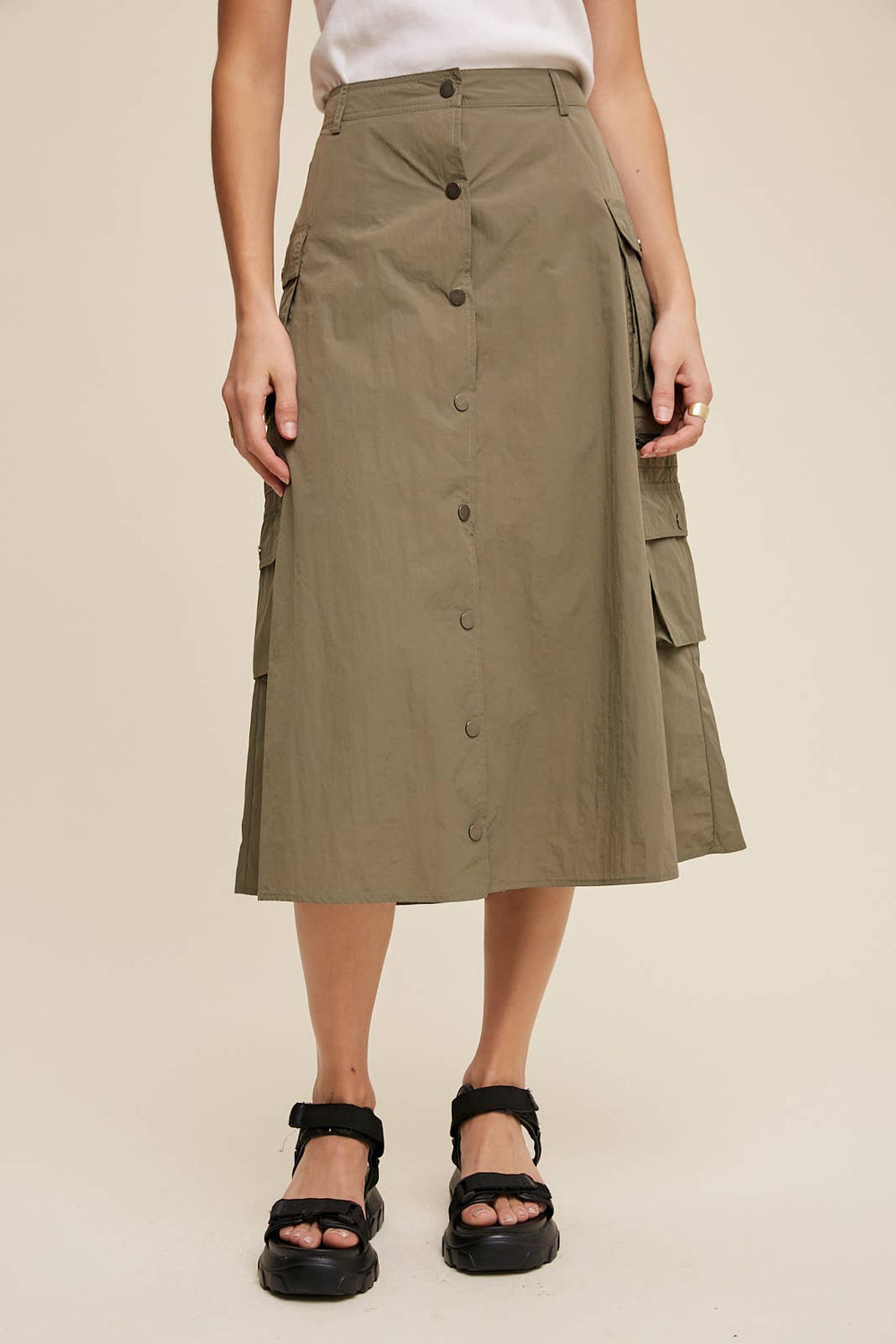 Parachute Button-Front Cargo Midi Skirt