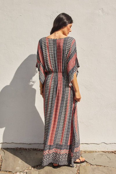 Border Print Cinch Kaftan Dress
