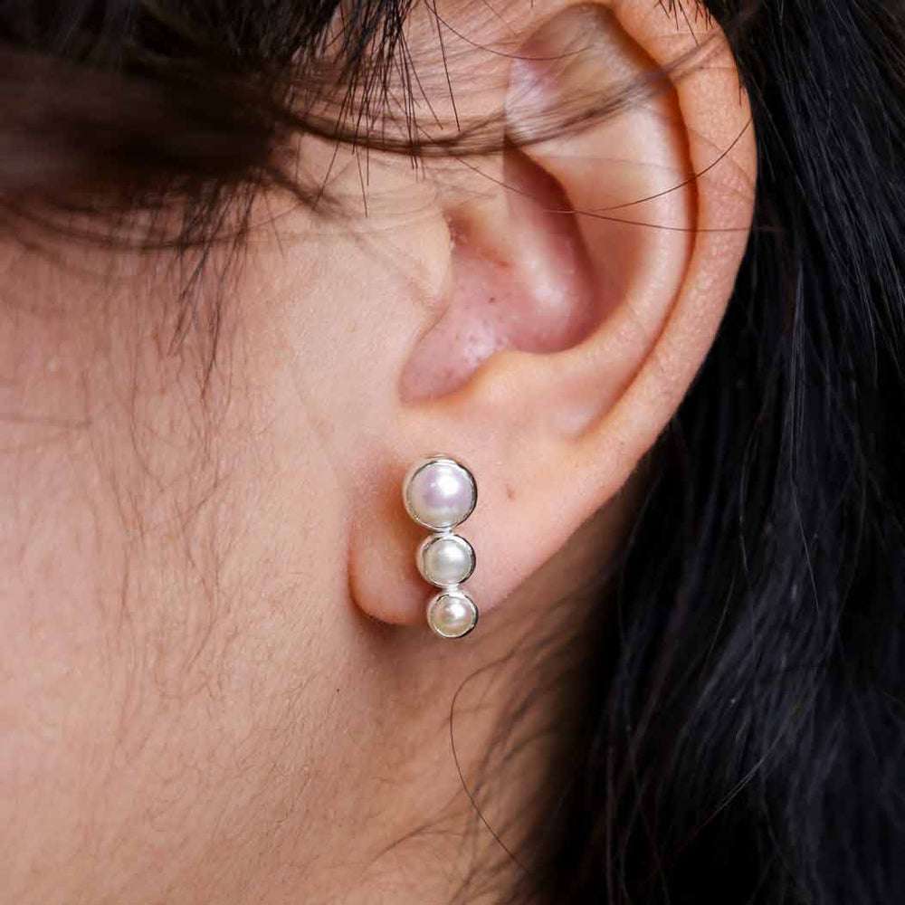 Sterling Silver Three Pearl Post Earrings