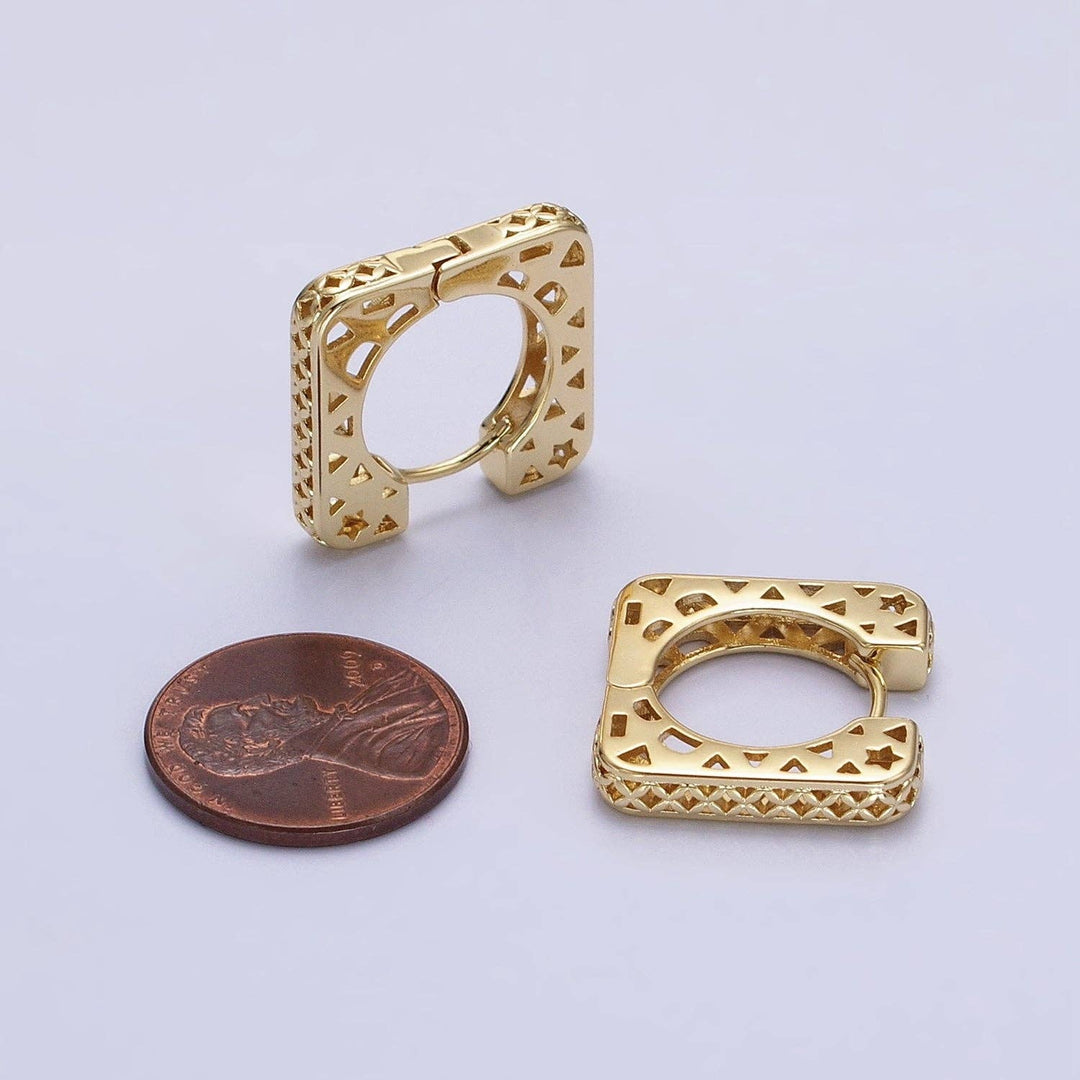 14K Gold Filled Filigree Star Thin Square Huggie Earrings