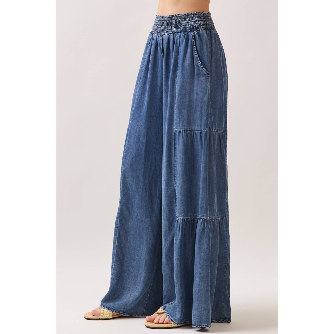 Denim Tencel Tiered Wide Leg Pants