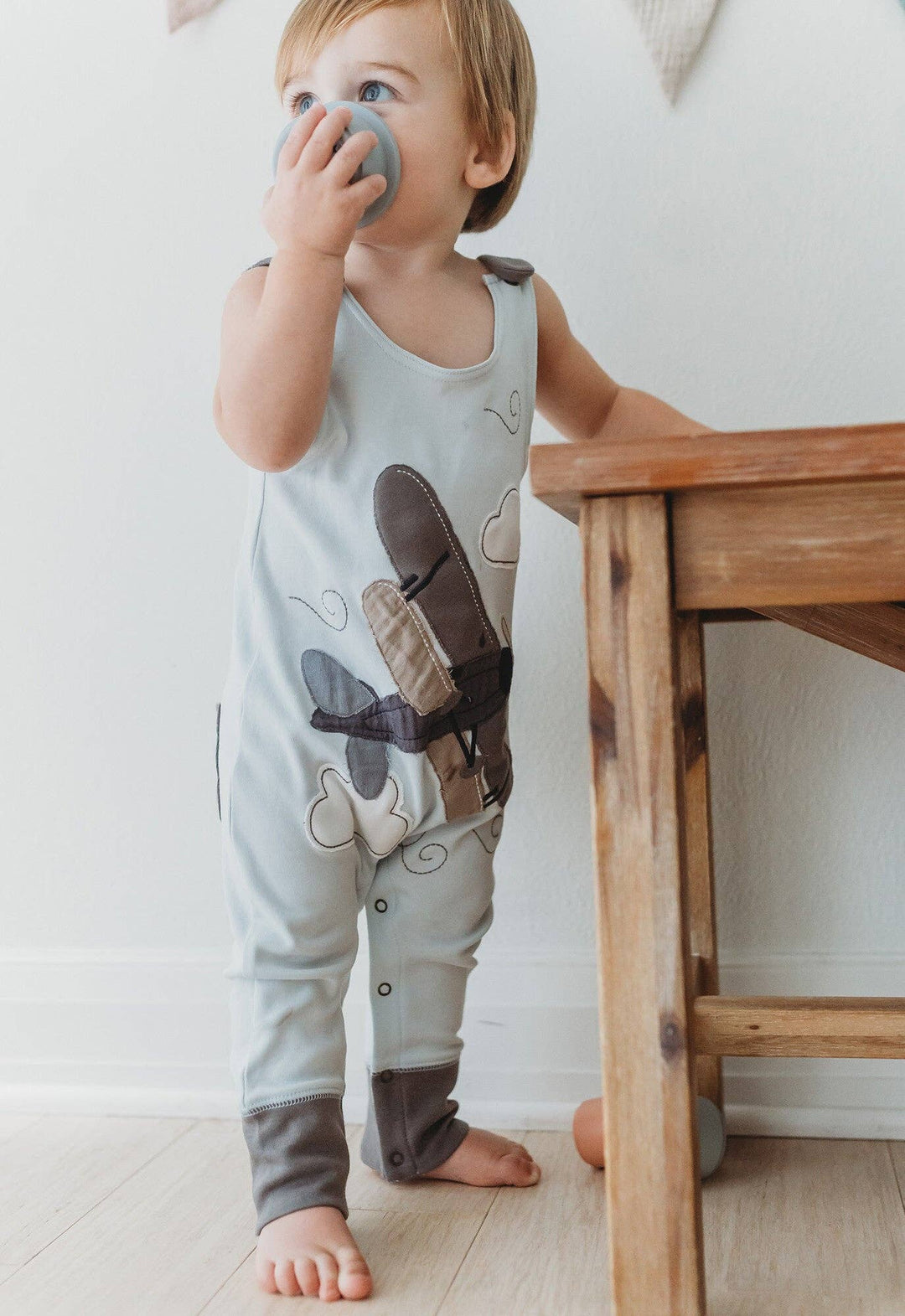Organic Appliqué Harem Romper in Little Airplane