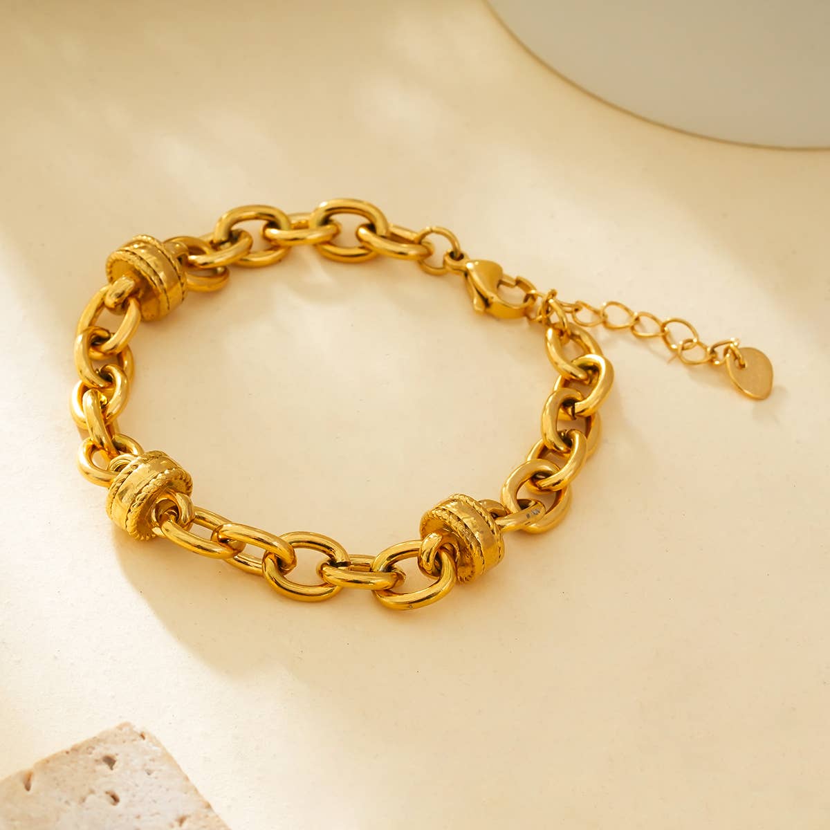 Gold Chain Bracelet with Thick Links and Buttons