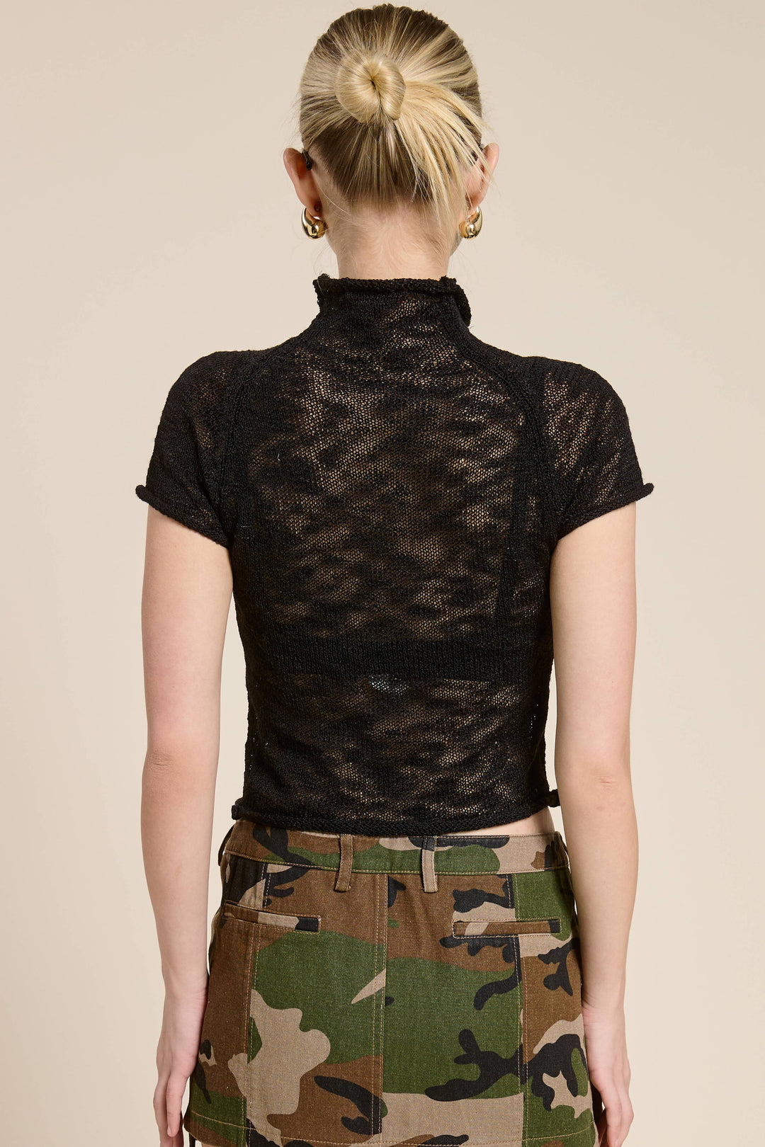 Sheer Knit Mock Neck Button Front Top