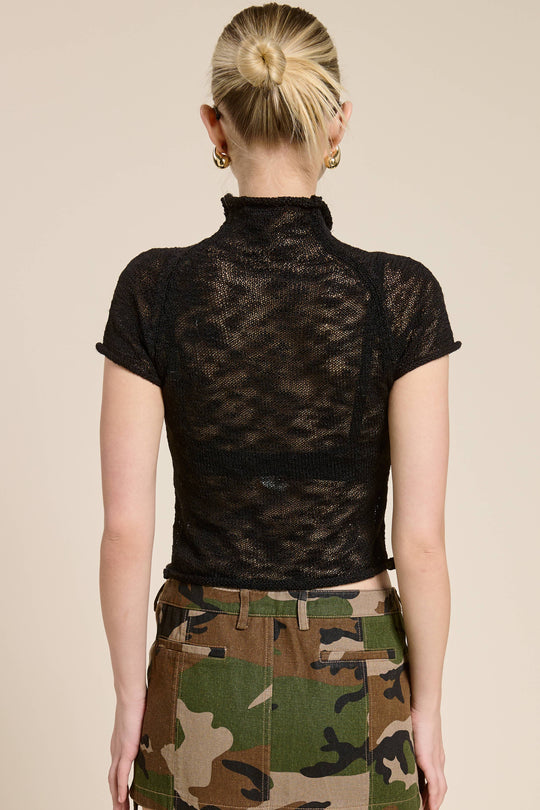 Sheer Knit Mock Neck Button Front Top
